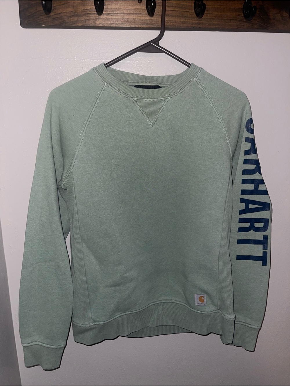 Carhartt Women’s Sage Green Crewneck with Navy Sleeve Script
